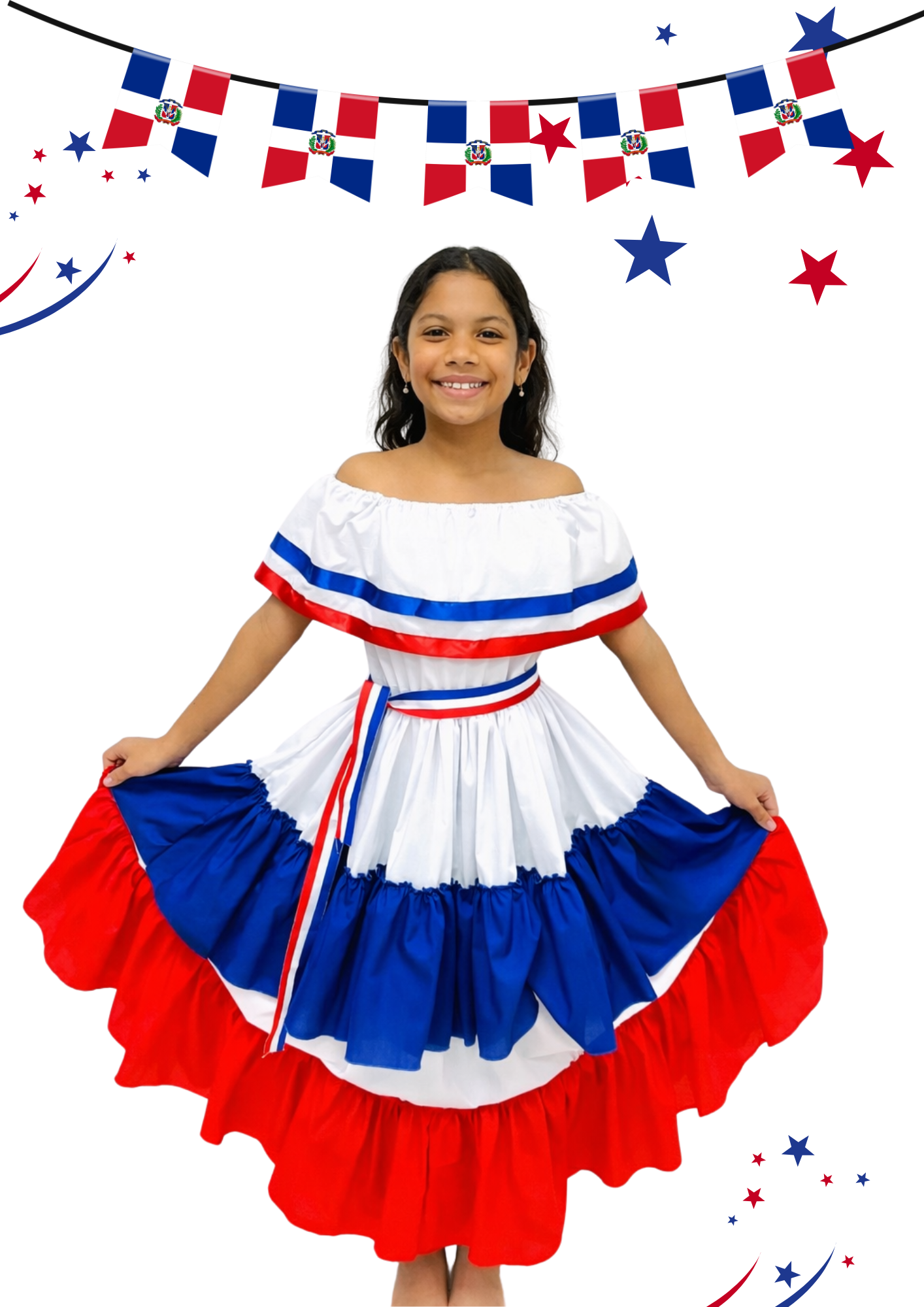 Vestido Fruncido Típico Dominicano Tricolor